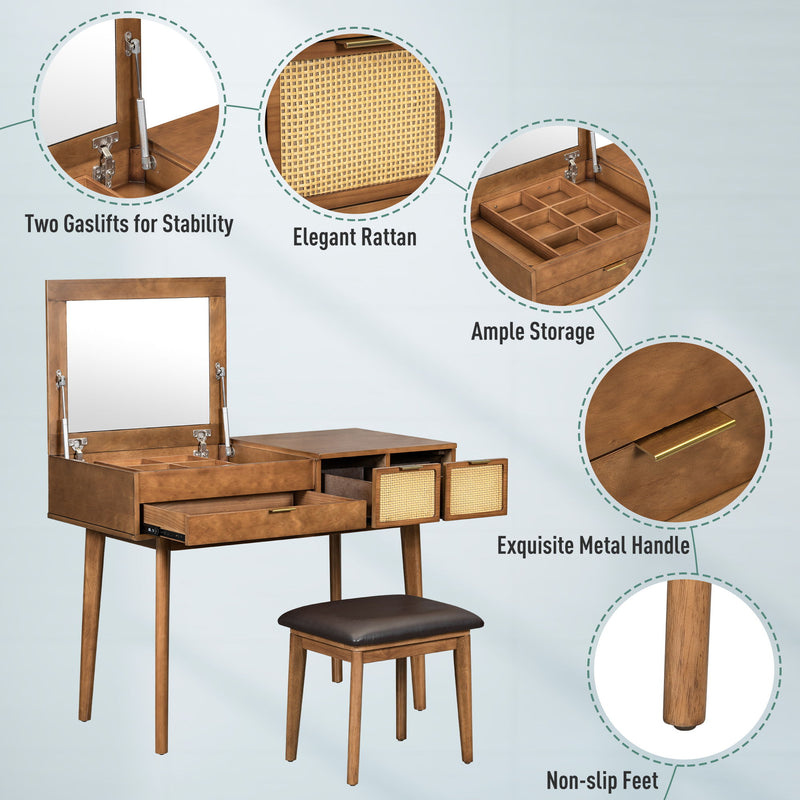 Classic Wood Makeup Vanity Set With Flip-Top Mirror And Stool, Dressing Table With Three Drawers And Storage Space