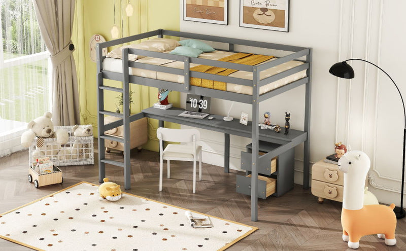 Loft Wood Bed With Under-Bed, Built-In Desk, A Storage Cabinet Of 2 Drawers, Guardrails, Ladder