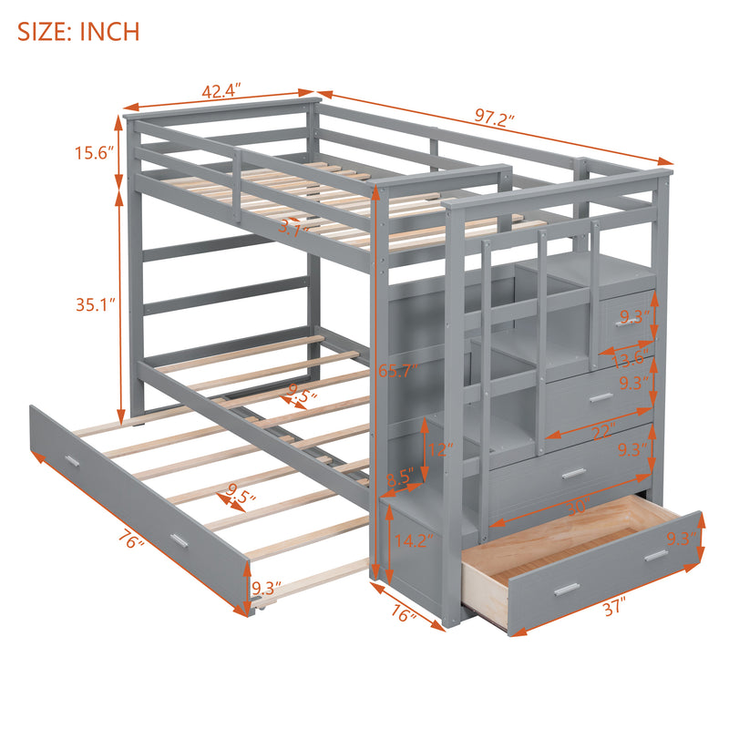 Twin Over Twin Bunk Bed with Trundle and Staircase,Gray(OLD SKU:LT000068AAE)