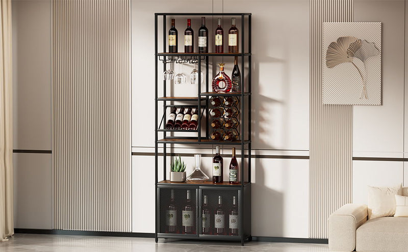 82.7" Industrial Standing Wine Rack With Glass Rack Tall Freestanding Floor Bar Cabinet - Walnut / Black