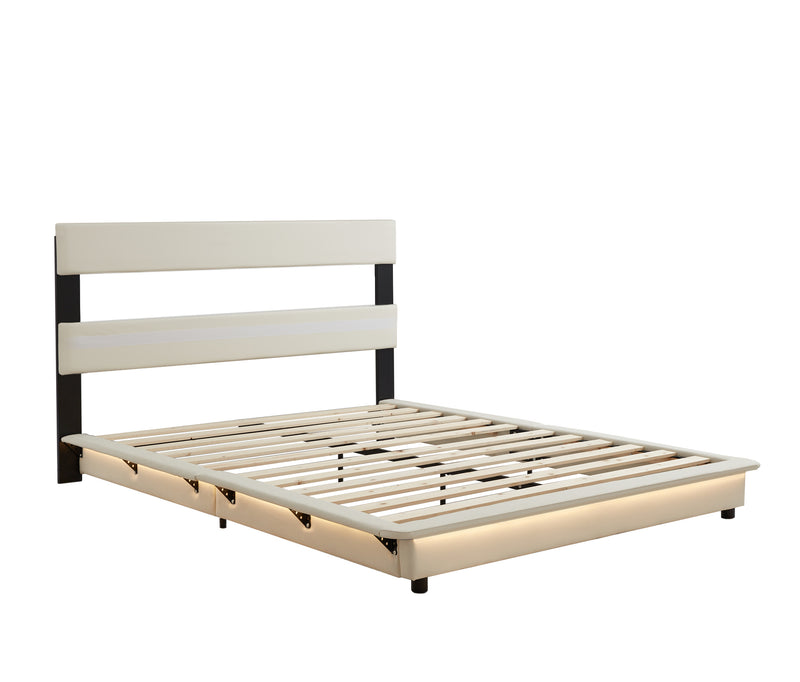 Queen Size Upholstered Platform Bed with Sensor Light and Ergonomic Design Backrests, White