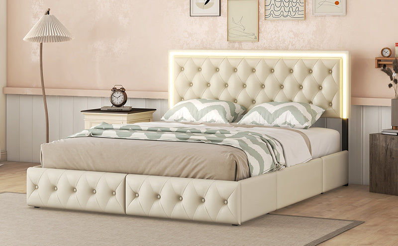 Queen Upholstered Bed Frame with 4 Storage Drawers, PU Leather Platform Bed with LED Headboard, No Box Spring Needed, Beige