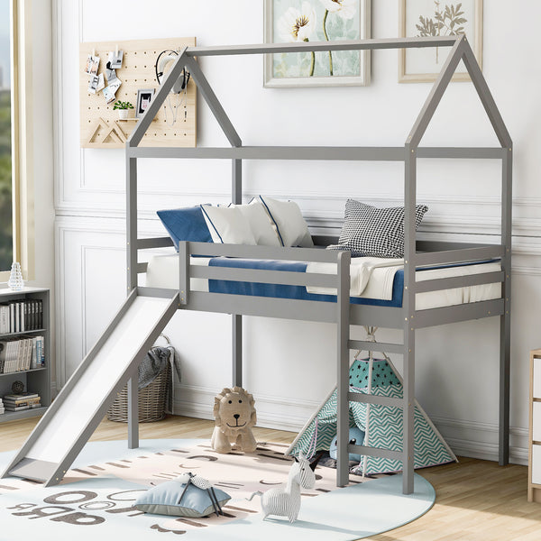 Twin Loft Bed with Slide, House Bed with Slide,Gray(OLD SKU :WF286245AAE)