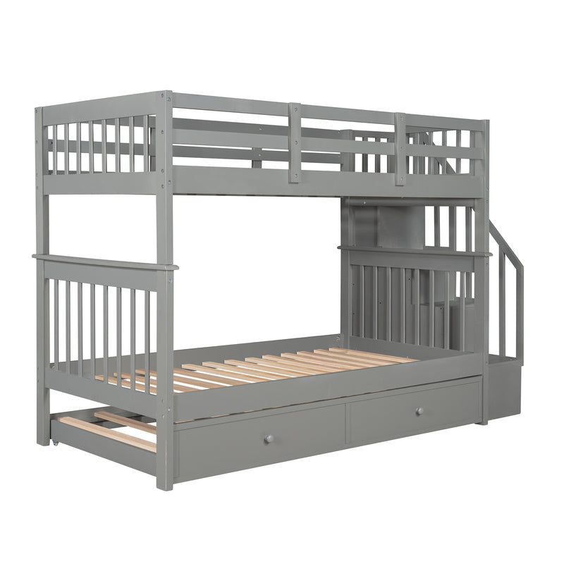 Stairway Twin-Over-Twin Bunk Bed with Twin size Trundle for Bedroom, Dorm, Adults, Gray( old sku: LP000209AAE )