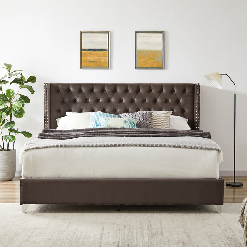 B100S King bed, Button designed Headboard,strong wooden slats + metal legs with Electroplate