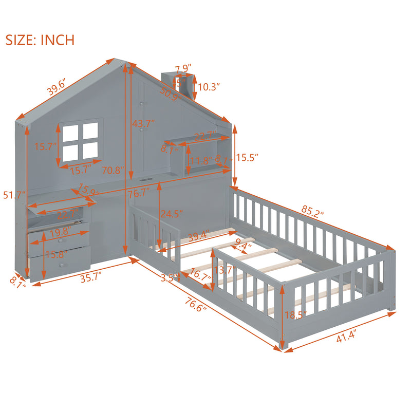 Twin Size House Bed with Window and Bedside Drawers, Platform Bed with Shelves and a set of Sockets and USB Port, Gray