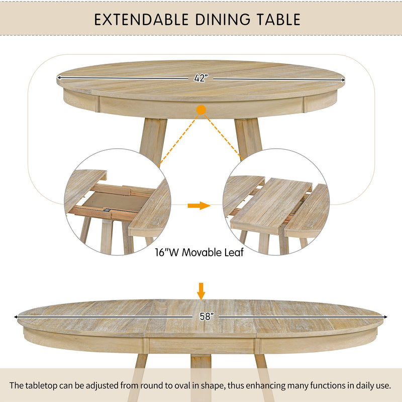 Retro Functional Dining Set, Round Table With Leaf And Upholstered Chairs For Dining Room And Living Room