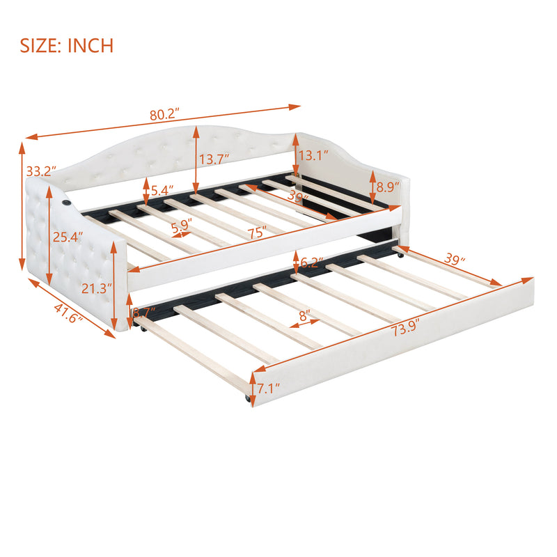 Twin Size Tufted Upholstered Daybed with Trundle ,Velvet Sofabed with USB&Type-C Charging Ports,No Box-spring Needed, Beige