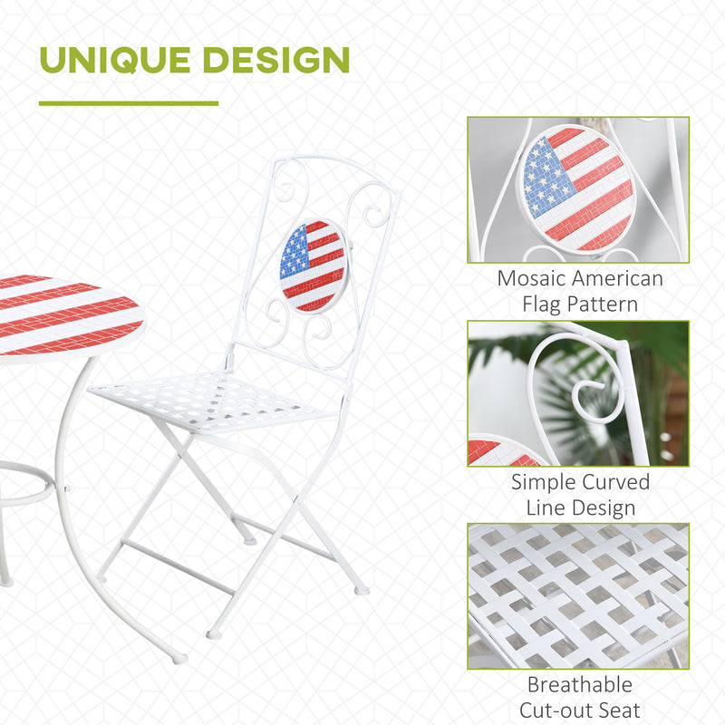 3 Piece Patio Bistro Set, Folding Outdoor Furniture with USA Mosaic Table and Chairs, 
Portable Metal Frames for 4th of July, Balcony, Backyard, Poolside, Porch, American Flag