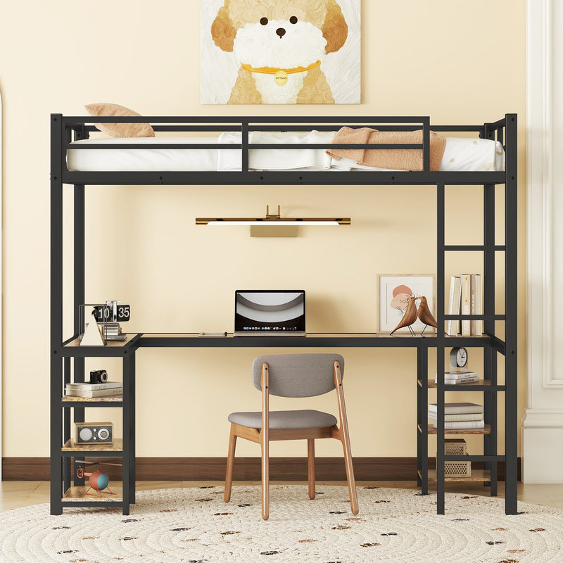 Twin XL Metal Loft Bed with Desk and Shelves, Loft Bed with Ladder and Guardrails, Loft Bed Frame for Bedroom, Black