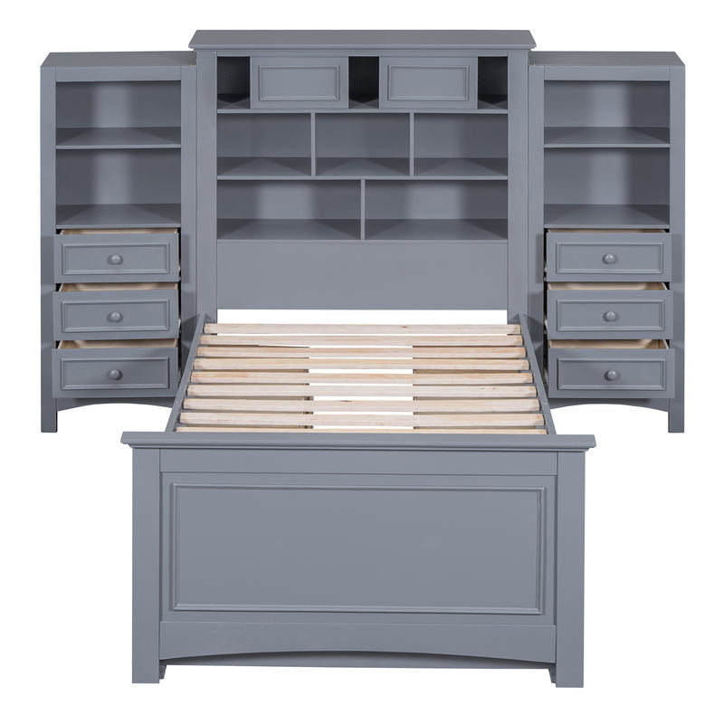 Twin Size Wood Platformbed with Vertical All-in-One Cabinet and 4 Drawers on each side, Gray