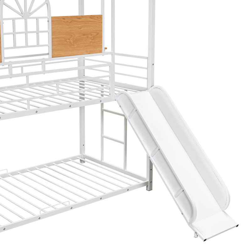 Twin Over Twin Metal Bunk Bed, Metal Housebed with Slide and Storage Stair, White with White Slide