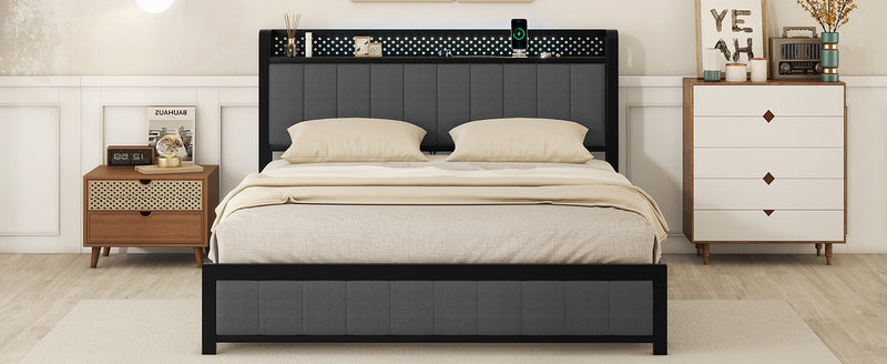 Queen Bed Frame with LED Headboard, Upholstered Bed with 4 Storage Drawers and USB Ports, Dark Grey