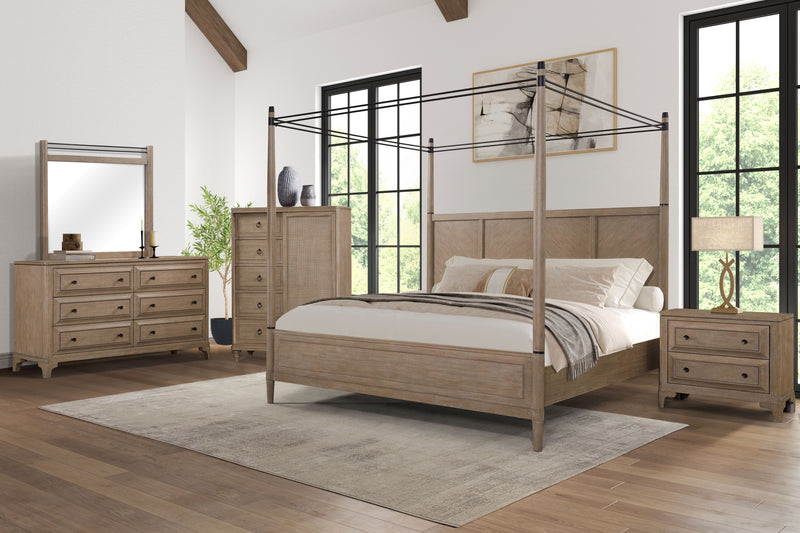 Queen Canopy Bedroom Set With A 2 Drawer Nightstand A Modern Dresser With Poster Mirror And A Door Chest - Sand