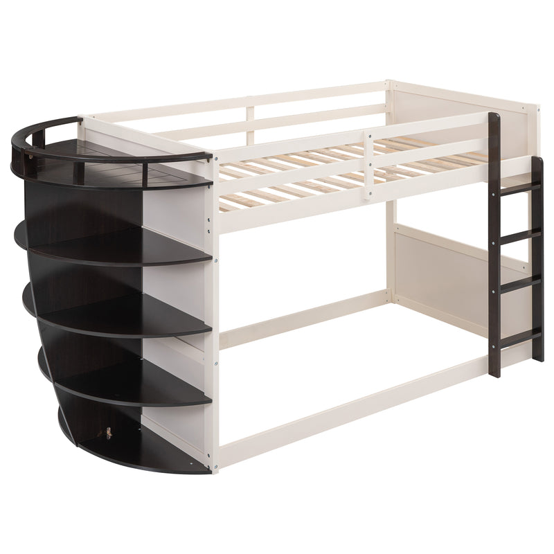 Twin over Twin Boat-Like Shape Bunk Bed with Storage Shelves, Cream+Espresso