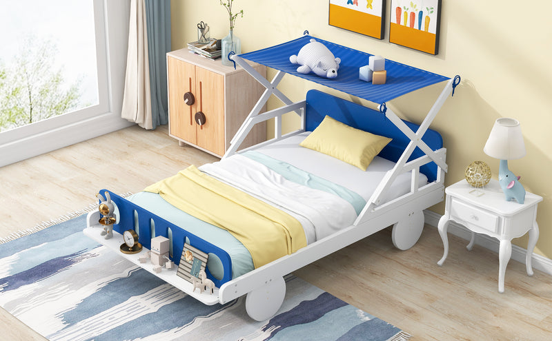 Wood Twin Size Car Bed with Ceiling Cloth, Headboard and Footboard, White+Blue