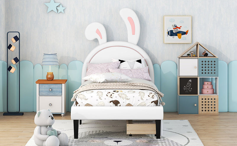 Twin Size Upholstered Leather Platform Bed with Rabbit Ornament and 2 Drawers, White