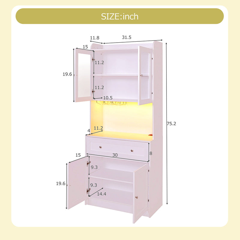 Tall Kitchen Pantry Storage Cabinet With Lights And Charging Station, Modern Kitchen Hutch Bar Cabinet With Microwave Stand, Wood Buffet Sideboard With 1 Drawer For Kitchen, Dining Room - White