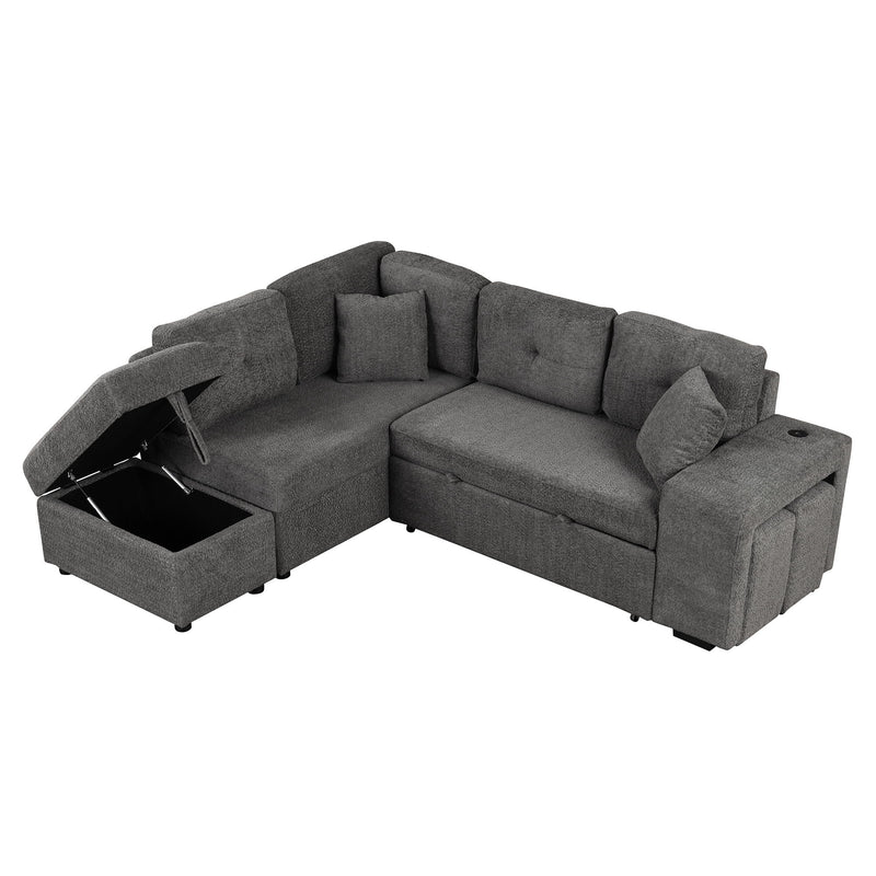 Convertible Sleeper, Sectional Pull Out Sofa Bed With Storage Ottoman, 2 Throw Pillows, 2 Stools, Wireless Charger And Two Hidden USB Ports For Living Room