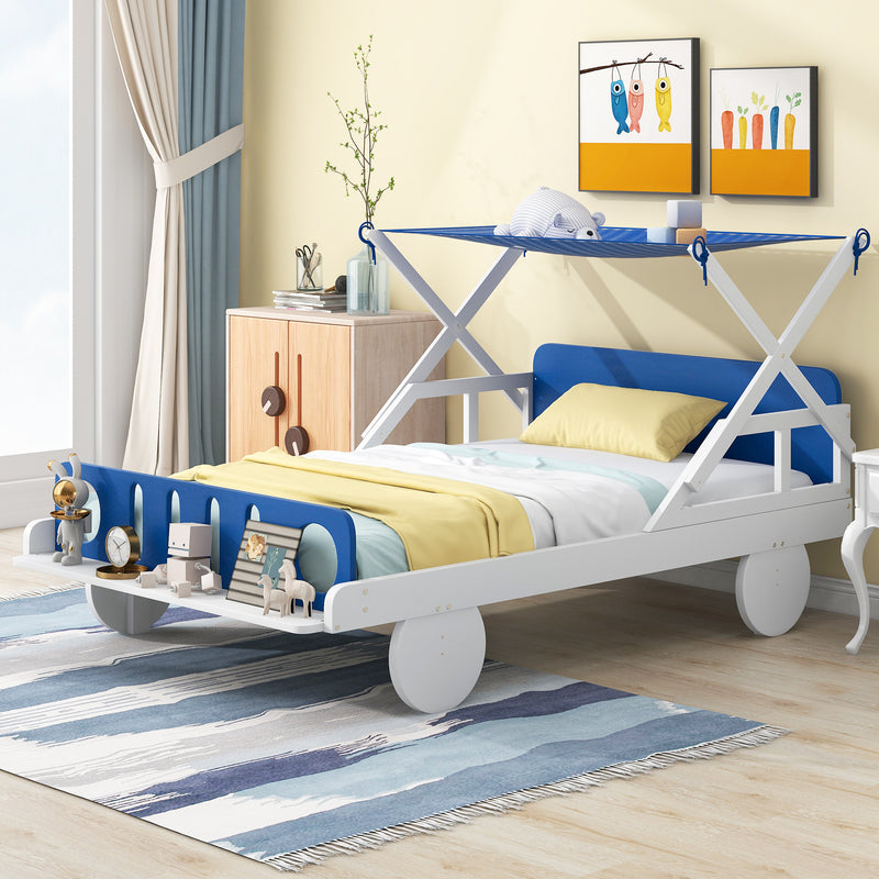 Wood Twin Size Car Bed with Ceiling Cloth, Headboard and Footboard, White+Blue