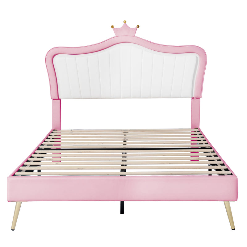 Queen Size Upholstered Bed Frame with LED Lights,Modern Upholstered Princess Bed With Crown Headboard,White+Pink