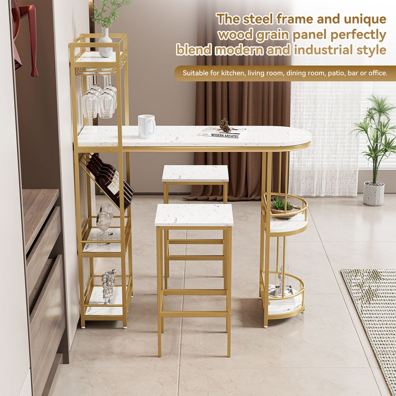 3 Piece Bar Table And Chairs Set, Modern Kitchen Bar Height Dining Table Wood Breakfast Pub Table With Base With Shelves, Glass Rack, Wine Bottle Rack, With 2 Bar Stools - White / Gold