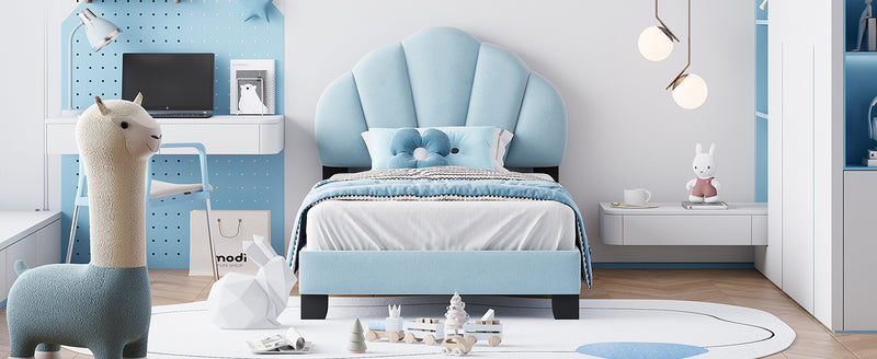 Twin Size Upholstered Velvet Platform Bed with Shell-Shaped Headboard, Blue