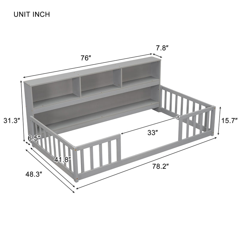 Floor Bed With Bedside Bookcase, Shelves, Guardrails