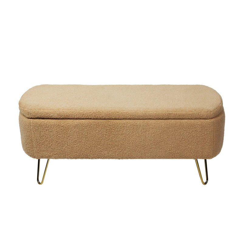 Storage Ottoman Bench For End Of Bed Gold Legs, Modern Camel Faux Fur Entryway Bench Upholstered Padded With Storage For Living Room Bedroom