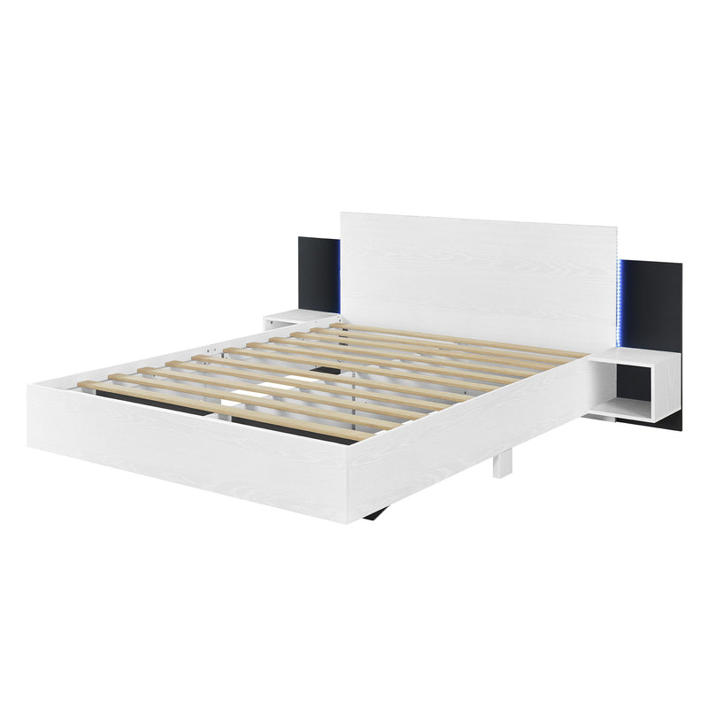 Floating Platform Bed, With LED Lights, Bedside Nightstand