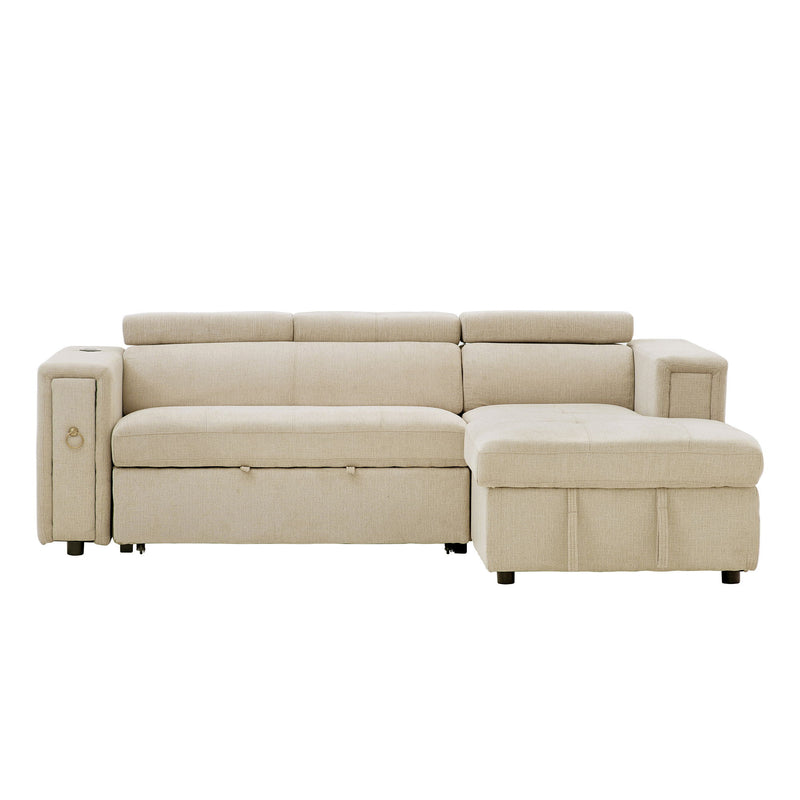 Multi-Functional Pull-Out Sofa Bed L-Shape Sectional Sofa With Adjustable Headrest, Wireless Charging, Cup Holders And Hidden Storage For Living Room