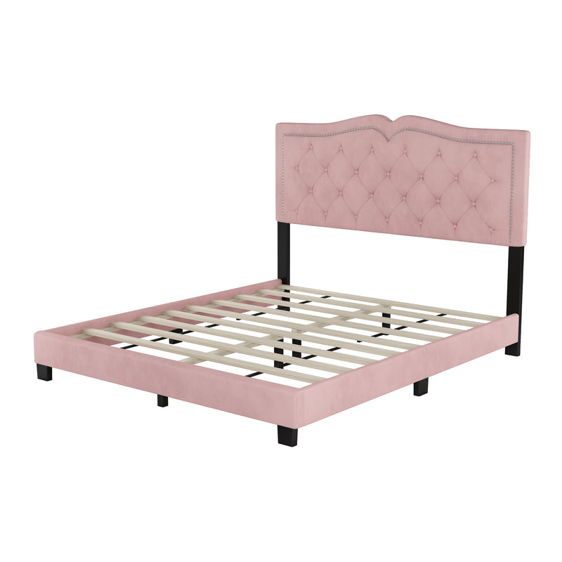 Queen Size Upholstered Bed Frame with Rivet Design, Modern Velvet Platform Bed with Tufted Headboard,Pink