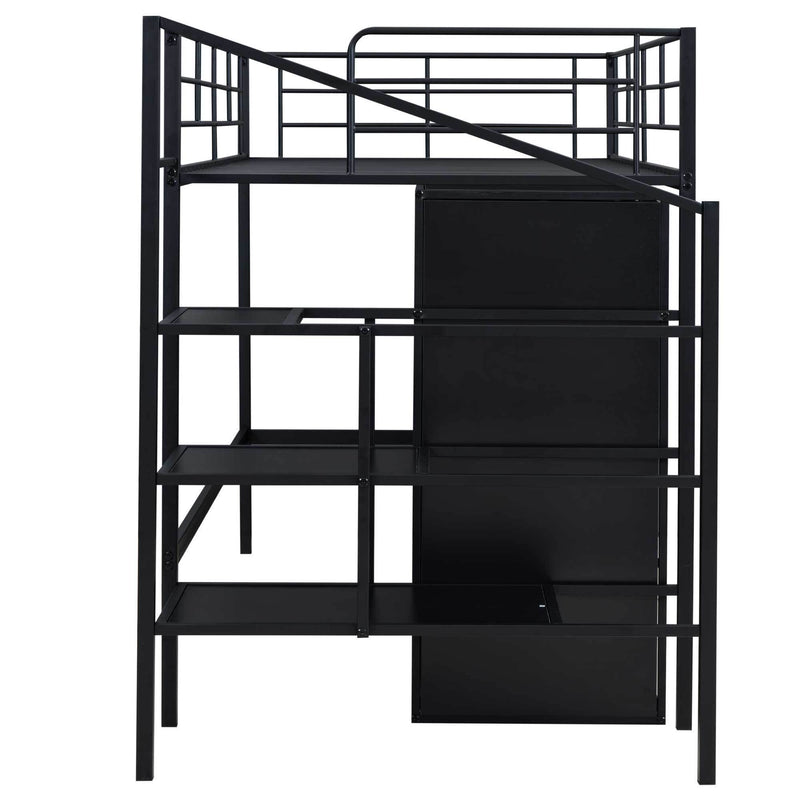 Twin Size Metal Loft Bed with Drawers, Storage Staircase and Small Wardrobe