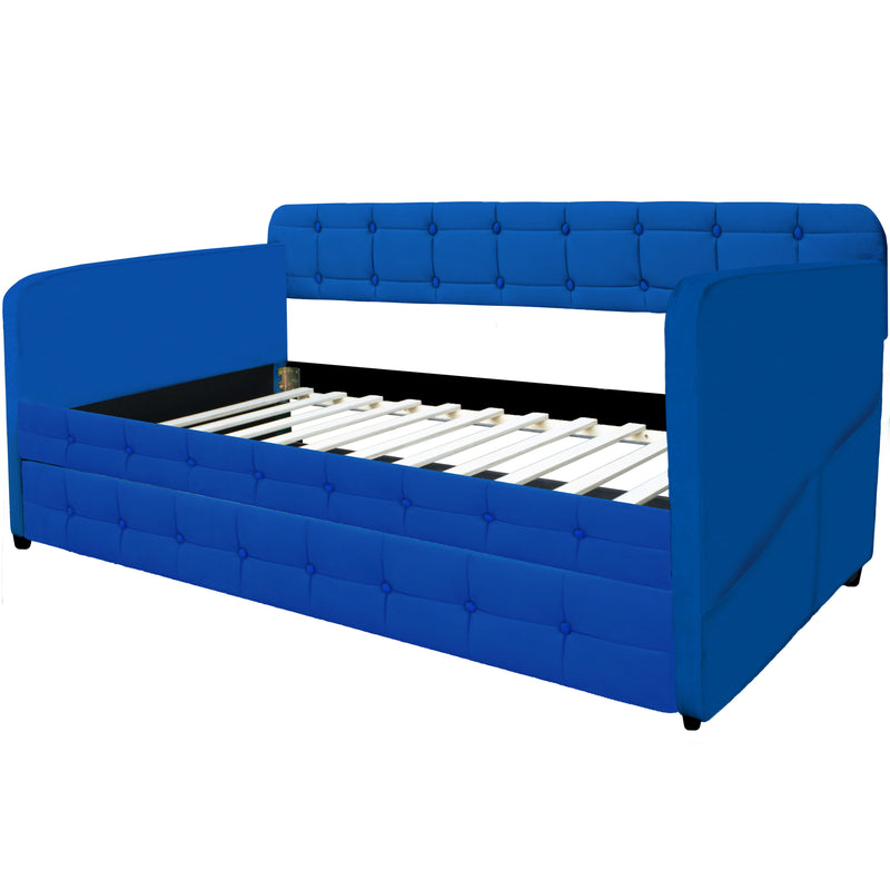 Upholstered Twin Size Daybed Bed Frame (Corner Bed) With Trundle, Velvet Fabric, Studding Design, No Box Spring Required