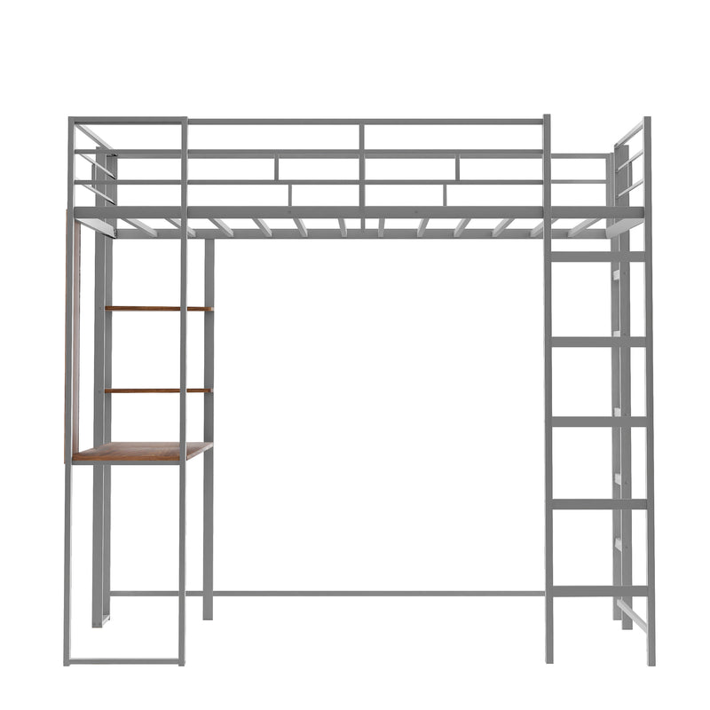 Twin Metal Loft Bed with 2 Shelves and one Desk ,Silver(Old SKU: MF281206AAN)