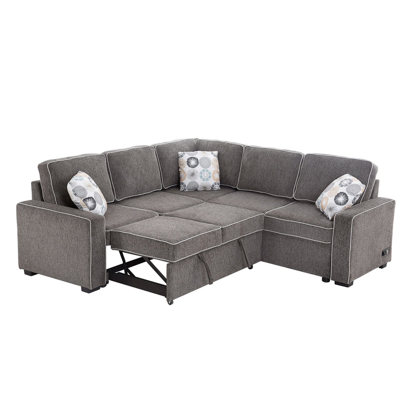 L-Shaped Pull Out Sofa Bed Modern Convertible Sleeper Sofa With 2 USB Ports, 2 Power Sockets And 3 Pillows For Living Room