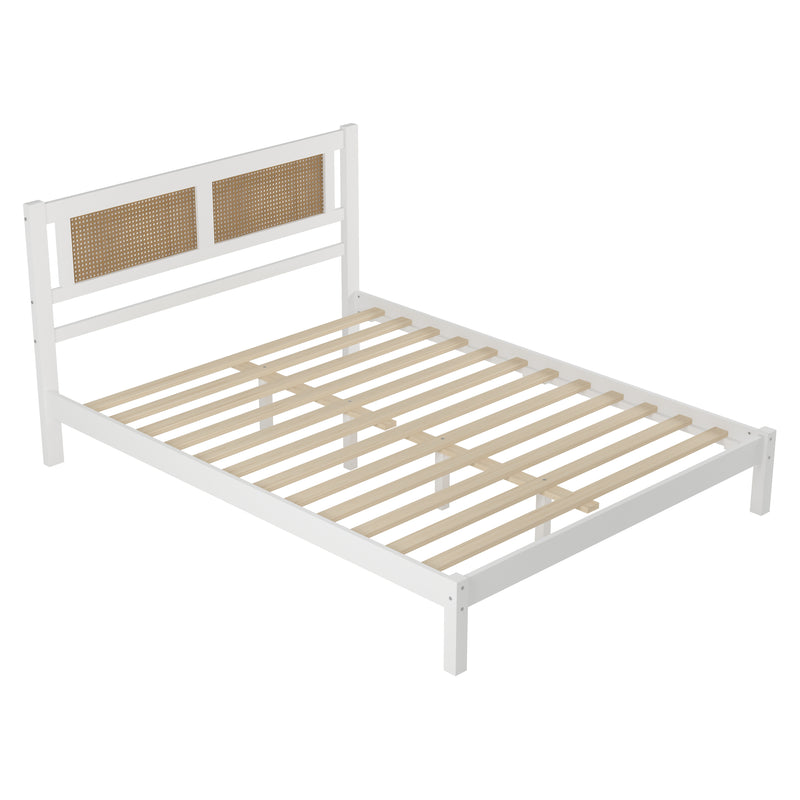 Queen Size Wood Platform Bed with Natural Rattan Headboard,Exquisite Elegance with Minimalist Charm for Bedroom,White