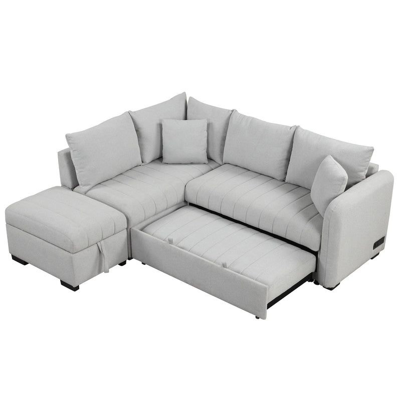 L-Shaped Sectional Pull Out Sofa Bed Sleeper Sofa With Two USB Ports, Two Power Sockets And A Movable Storage Ottoman