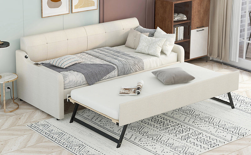 Twin Size Upholstery Daybed with Trundle and USB Charging Design,Trundle can be flat or erected,Beige