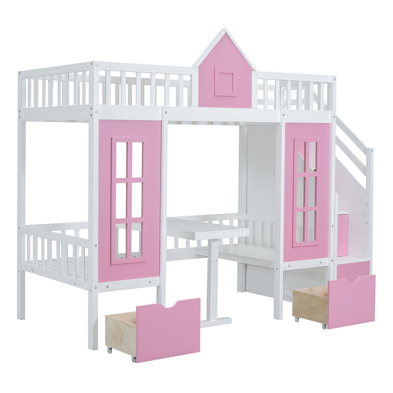 Twin Over Twin Bunk Bed With Changeable Table, Bunk Bed Turn Into Upper Bed And Down Desk