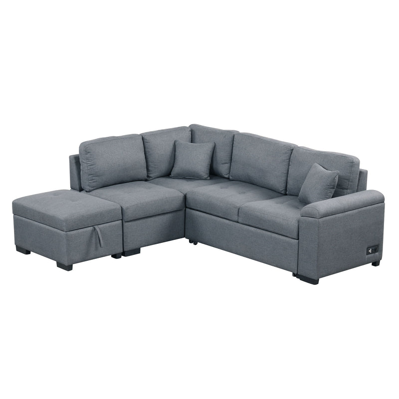 Sleeper Sectional Sofa, L-Shape Corner Couch Sofa Bed With Storage Ottoman & Hidden Arm Storage & USB Charge For Living Room Apartment