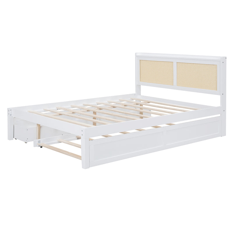 Queen Size Elegant Bed Frame with Rattan Headboard and Sockets ,White