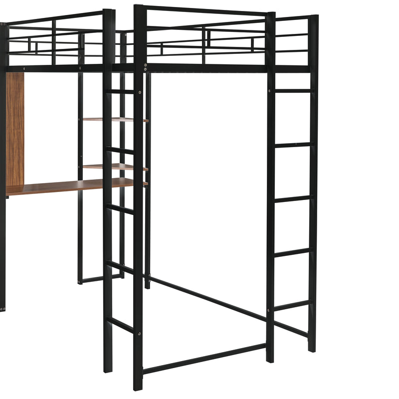 Twin Metal Loft Bed with 2 Shelves and one Desk ,BLACK(Old SKU: MF281206AAB)