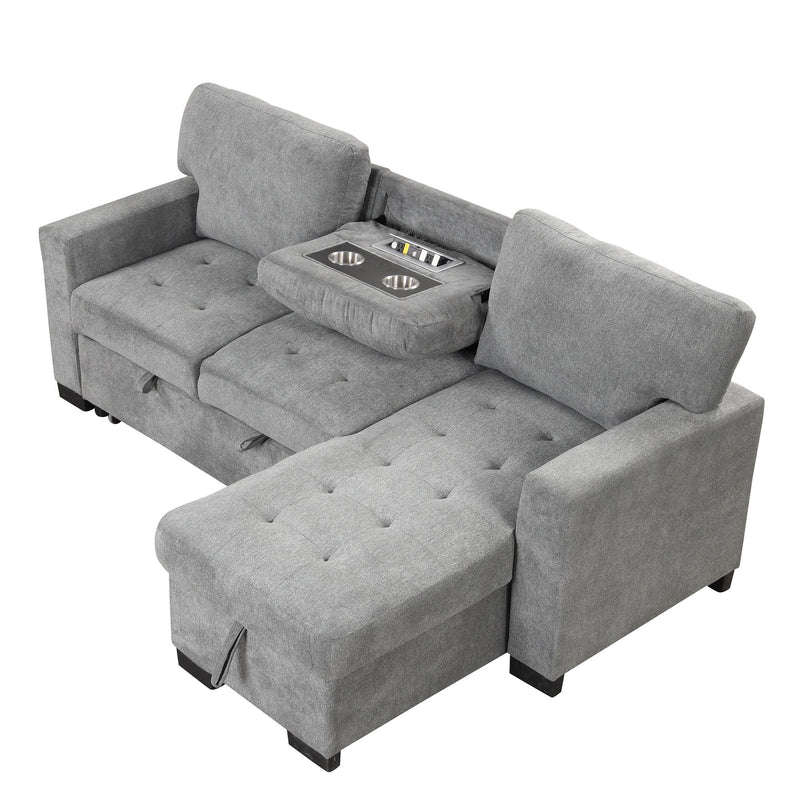 Stylish And Functional Light Chaise Lounge Sectional With Storage Rack Pull-Out Bed Drop Down Table And USB Charger