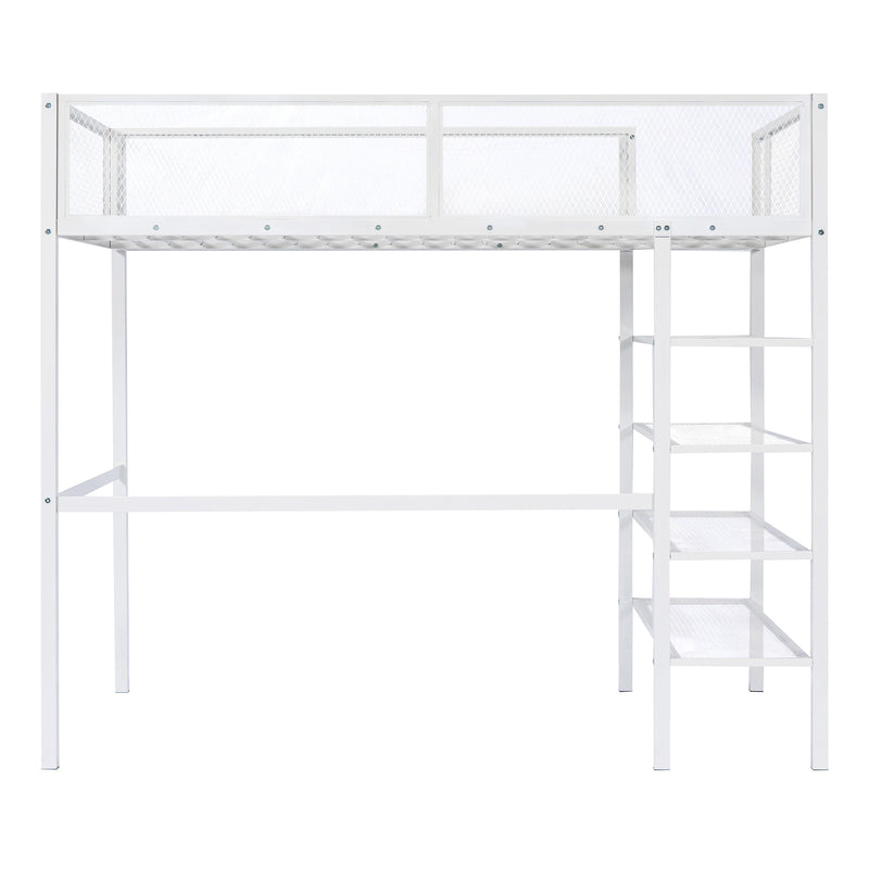 Twin Size Metal Loft Bed with 4-Tier Shelves and Storage, White