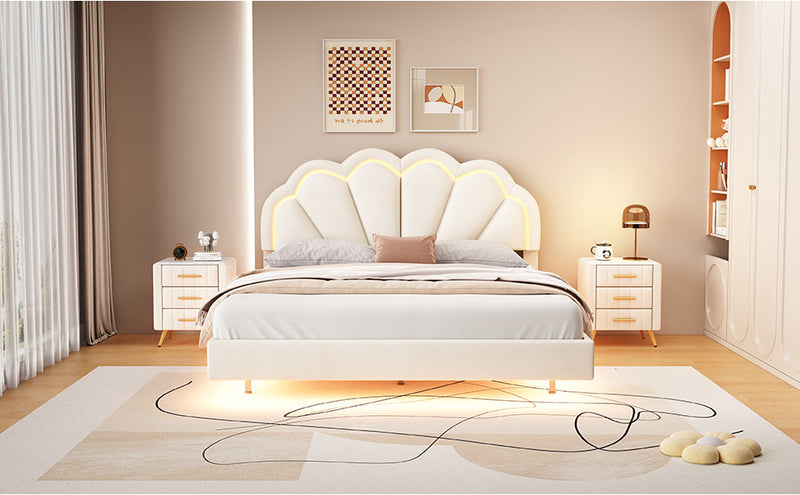 Queen Upholstered Smart LED Bed Frame with Elegant Flowers Headboard,Floating Velvet Platform LED Bed with Wooden Slats Support,Beige