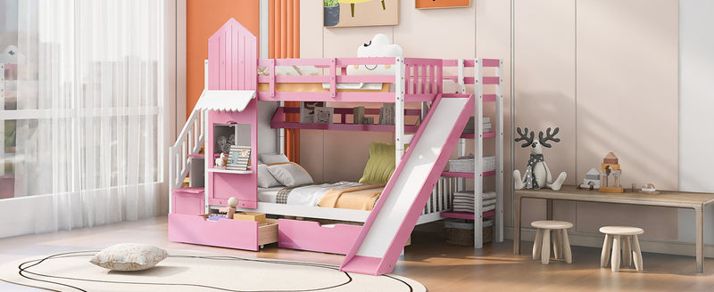 Twin-Over-Twin Castle Style Bunk Bed with 2 Drawers 3 Shelves and Slide - Pink