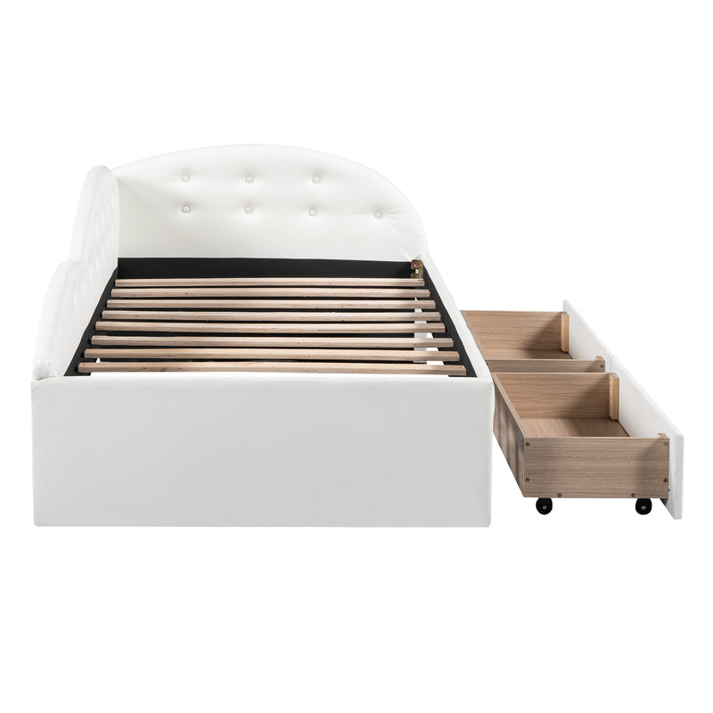 Twin Size PU Upholstered Tufted Daybed with Two Drawers and Cloud Shaped Guardrail, White