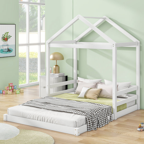 Wood Full Size House Bed with Guardrail, White