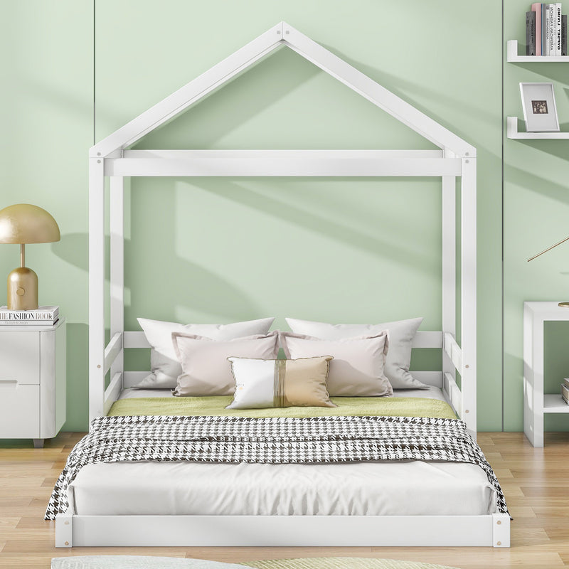 Wood Full Size House Bed with Guardrail, White